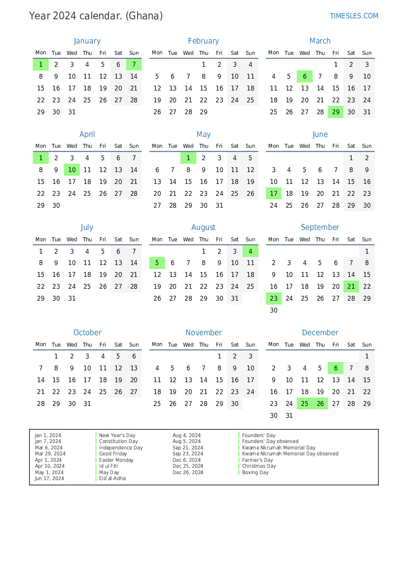 Calendar for 2024 with holidays in Ghana Print and download calendar