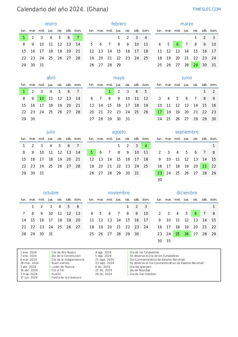 Calendario 2024 con días festivos en Ghana Imprimir y descargar