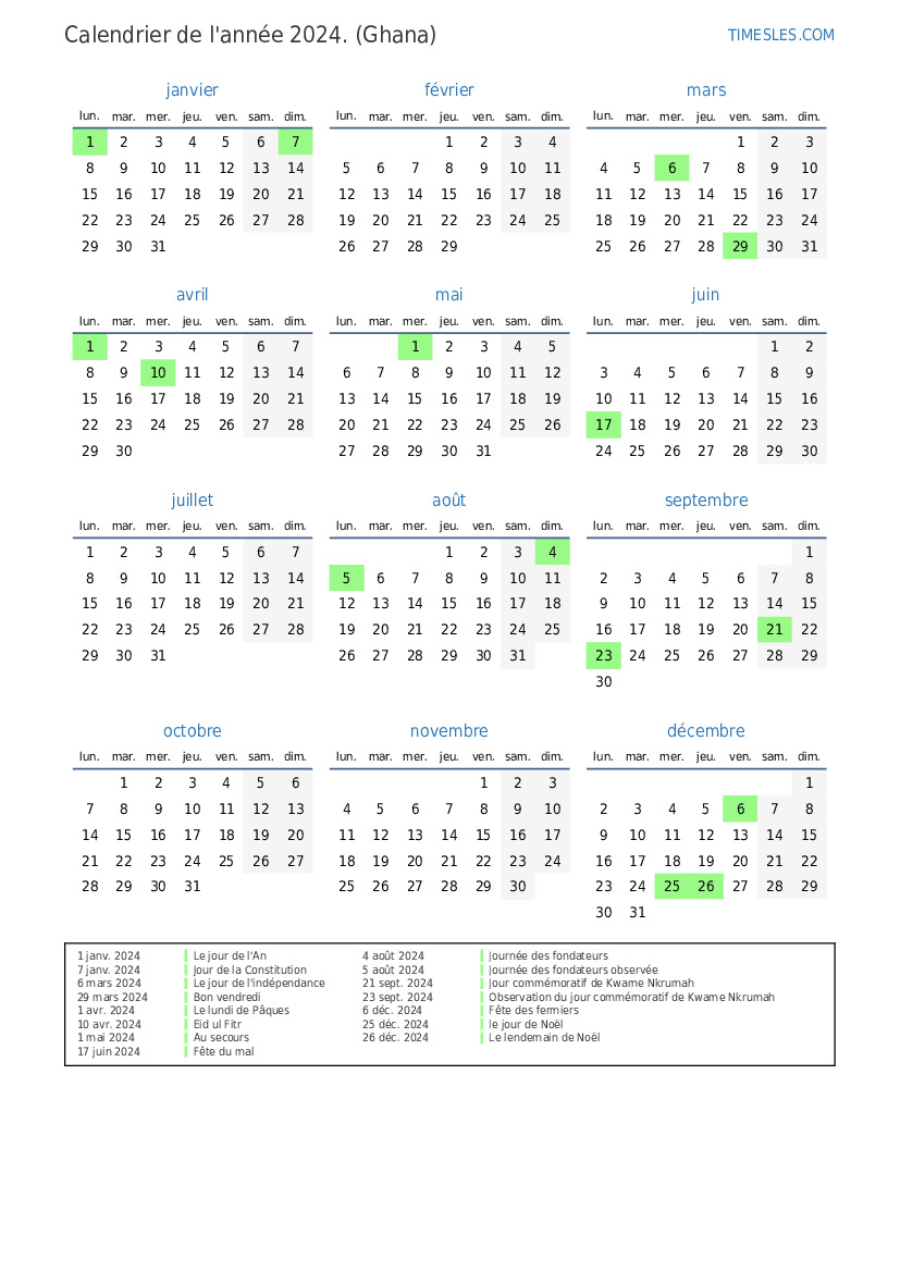 Calendrier 2024 avec jours fériés au Ghana Imprimer et télécharger le