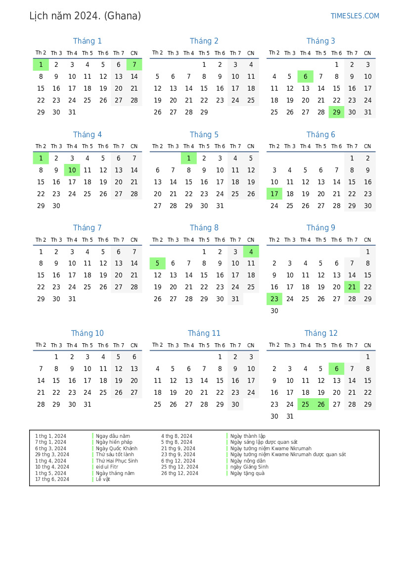 Lịch cho năm 2024 với các ngày lễ ở Ghana In và tải xuống lịch