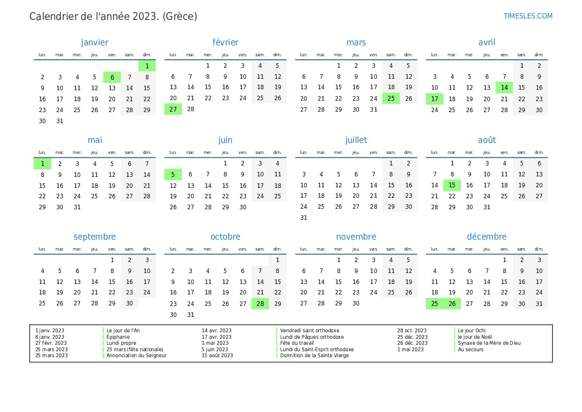 Calendrier Orthodoxe 2023 Calendrier 2023 Avec Jours Fériés En Grèce | Imprimer Et Télécharger Le  Calendrier