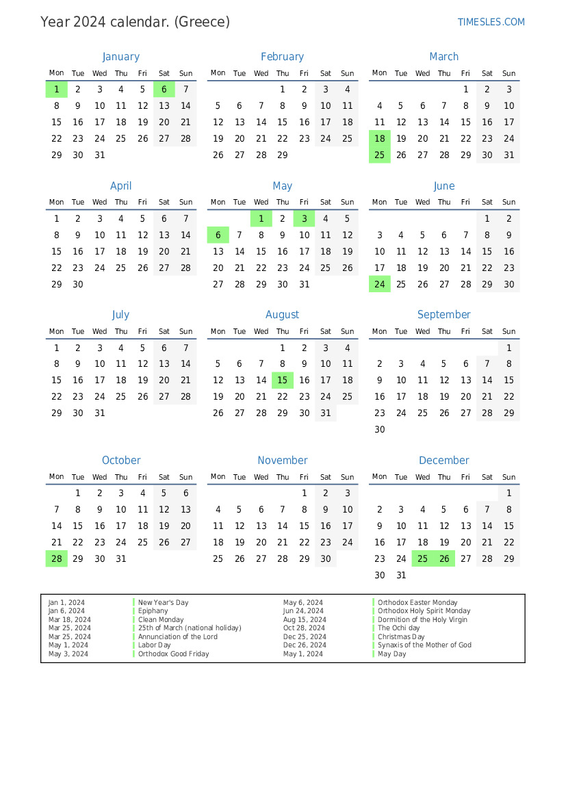 Calendar for 2024 with holidays in Greece Print and download calendar
