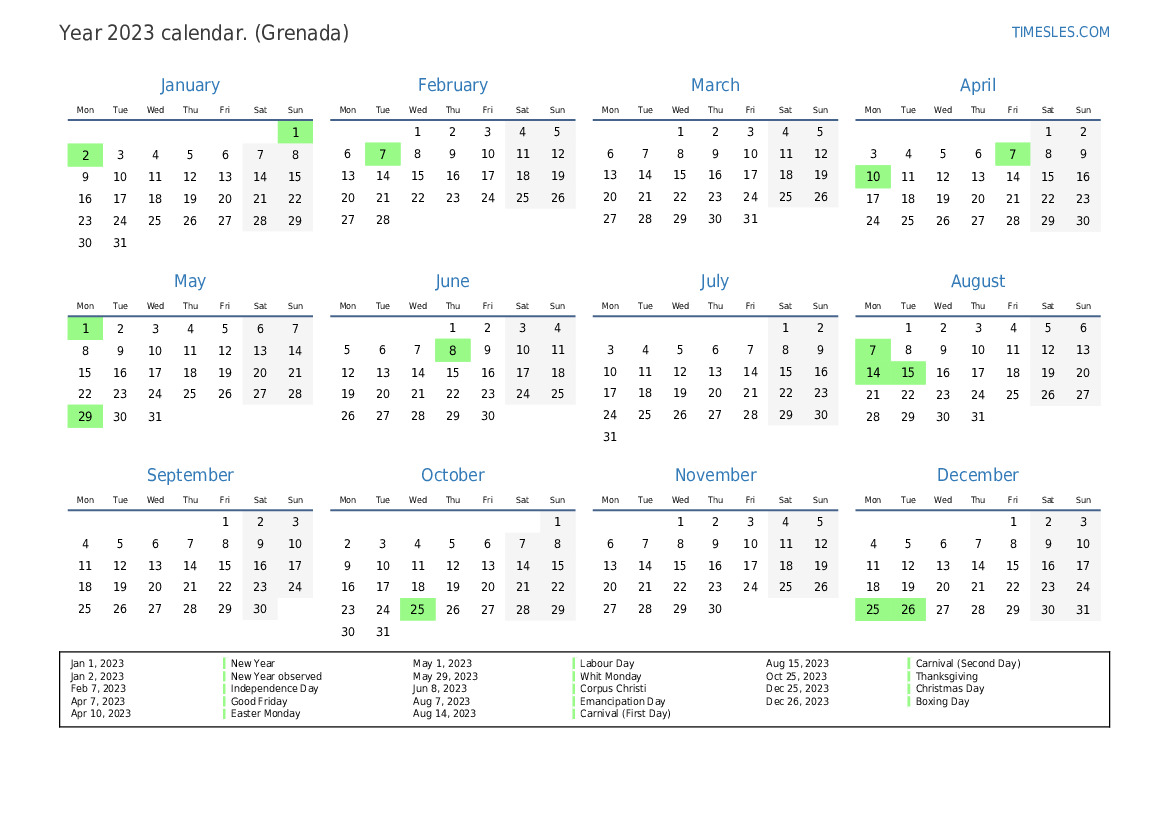 Calendar for 2023 with holidays in Grenada Print and download calendar