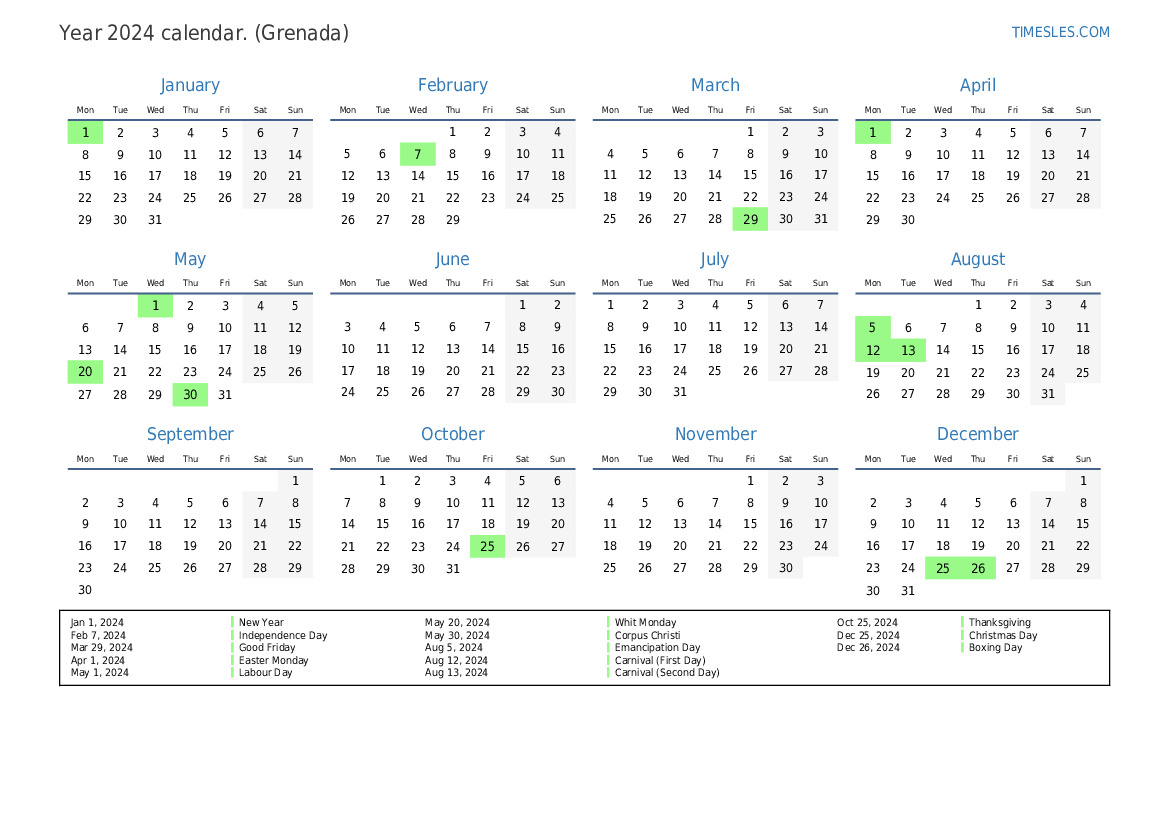 Calendar for 2024 with holidays in Grenada Print and download calendar