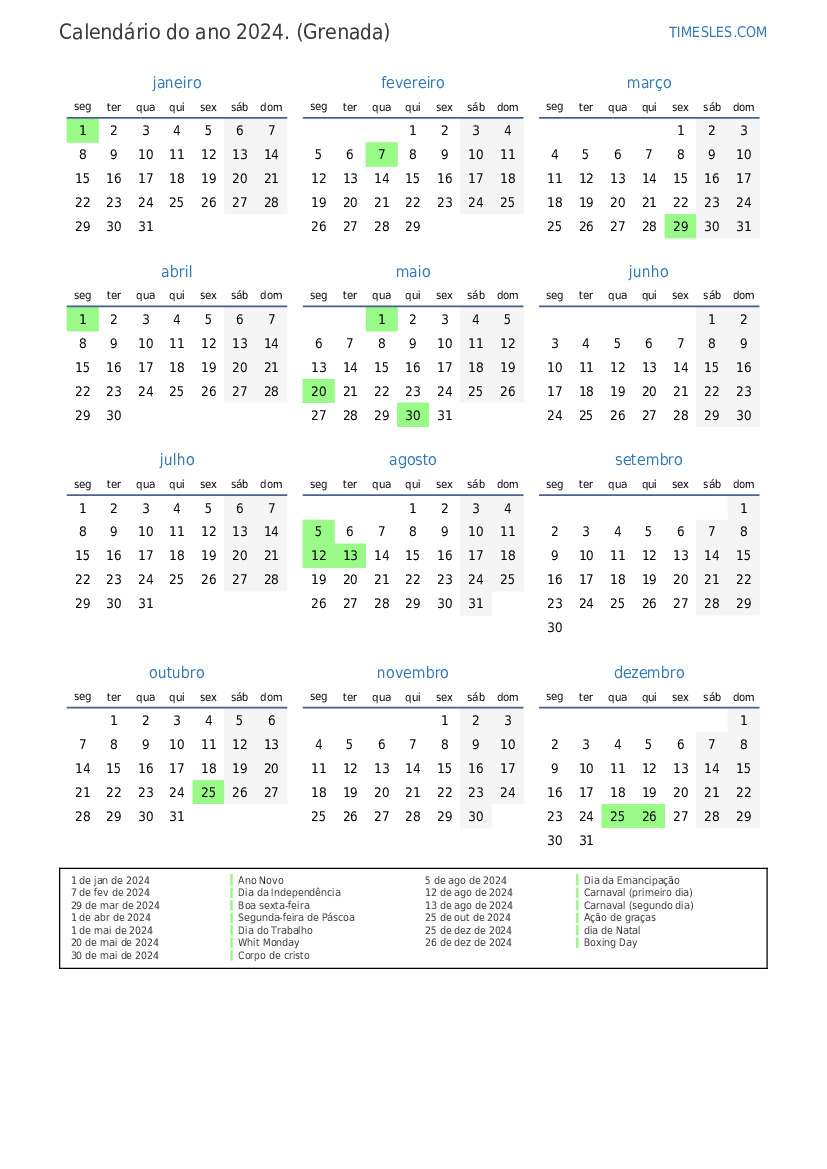 Calendário 2024 com feriados em Granada Imprimir e baixar calendário