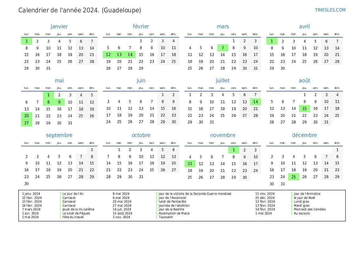 Calendrier 2024 avec jours fériés en Guadeloupe Imprimer et