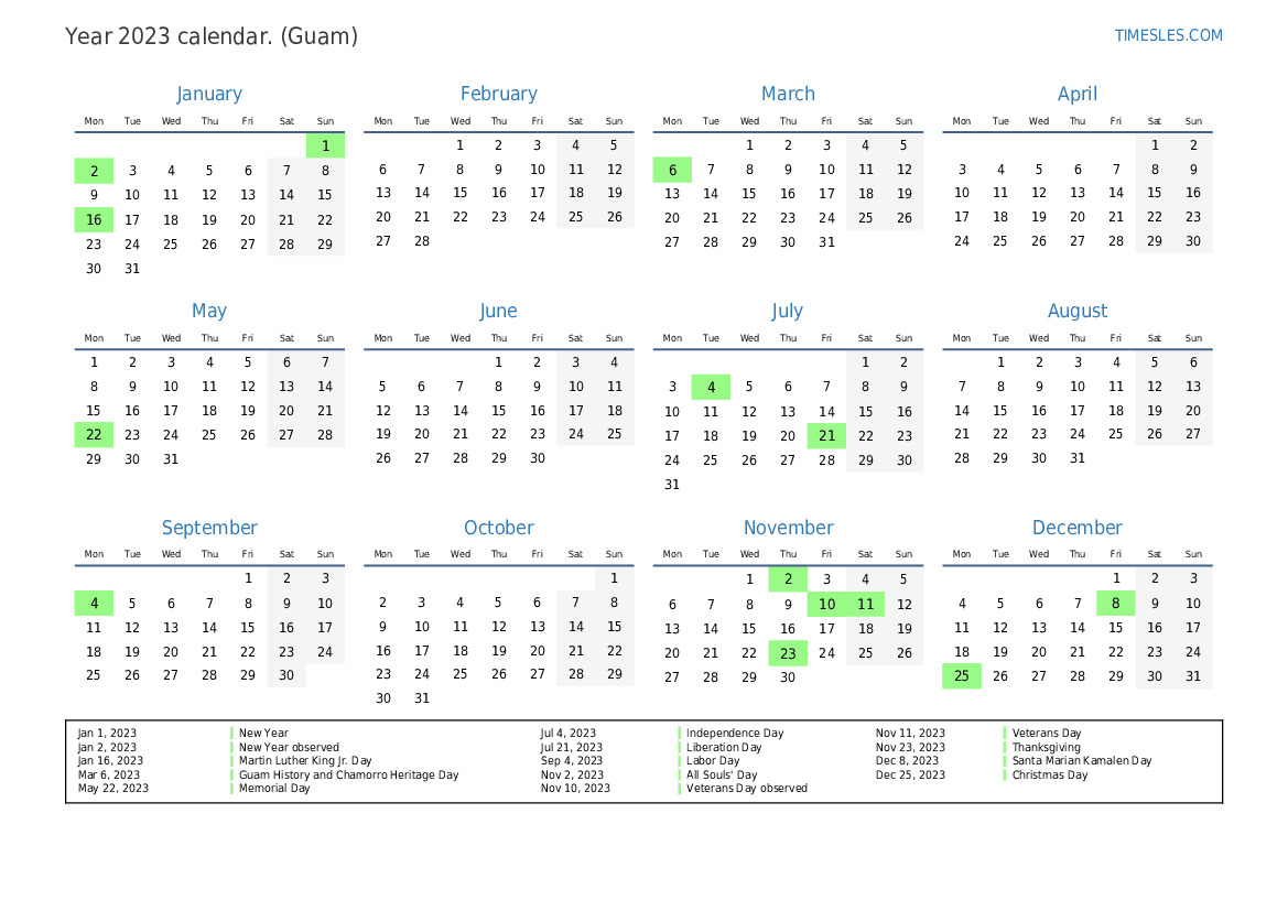 Calendar for 2023 with holidays in Guam Print and download calendar