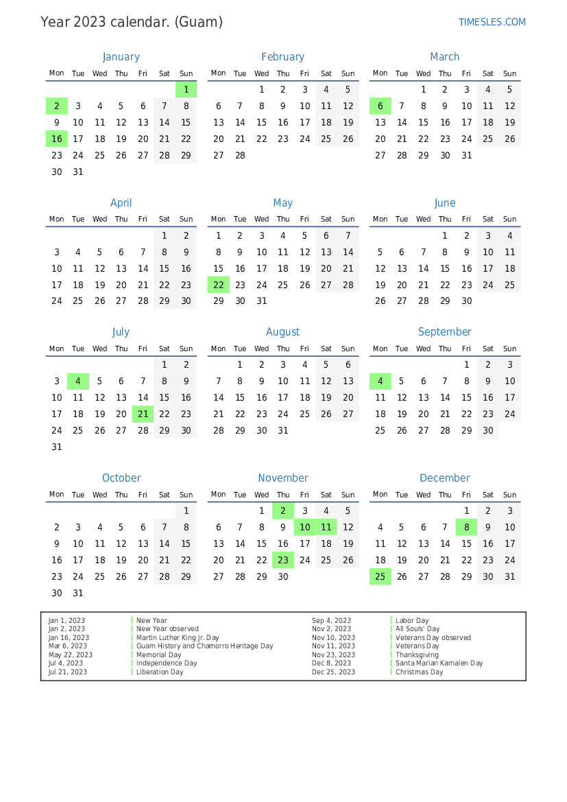 Calendar for 2023 with holidays in Guam Print and download calendar