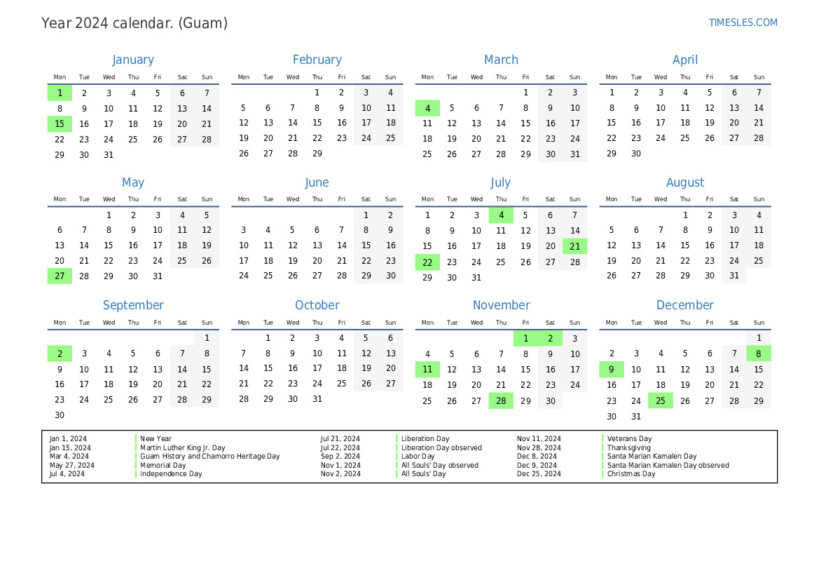 Calendar for 2024 with holidays in Guam Print and download calendar
