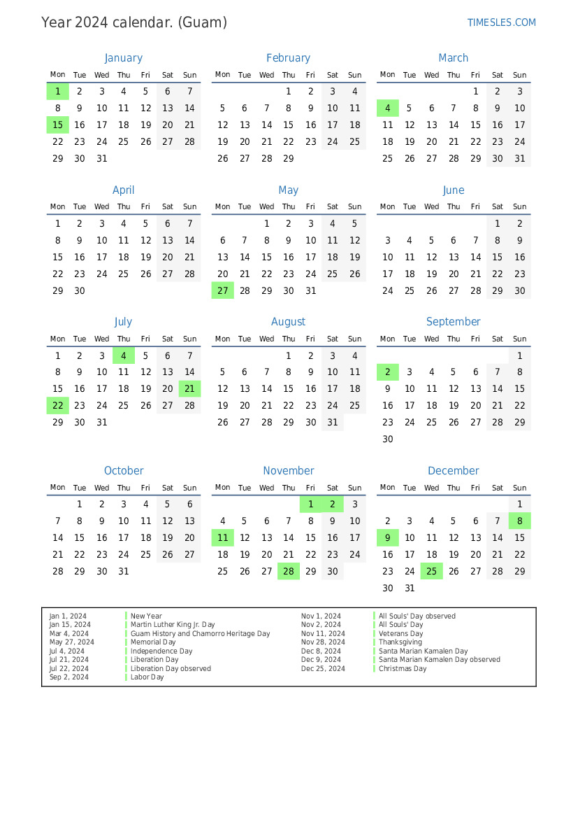 Calendar for 2024 with holidays in Guam Print and download calendar