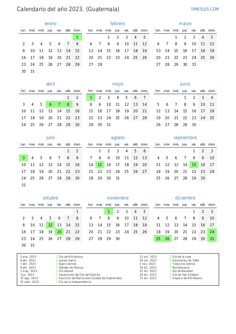 Calendario 2023 con días festivos en guatemala Imprimir y descargar