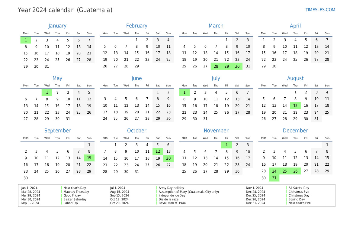 Calendar for 2024 with holidays in Guatemala Print and download calendar