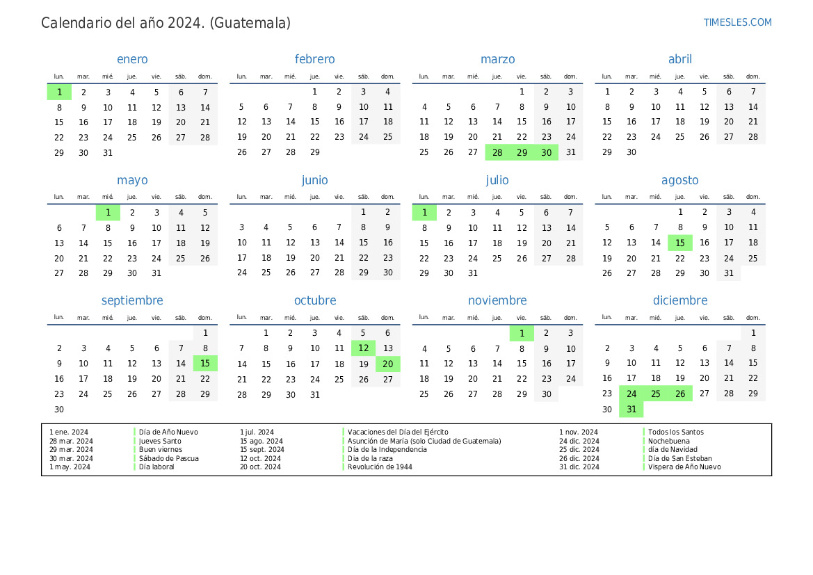 Calendario 2024 con días festivos en guatemala | Imprimir y descargar ...