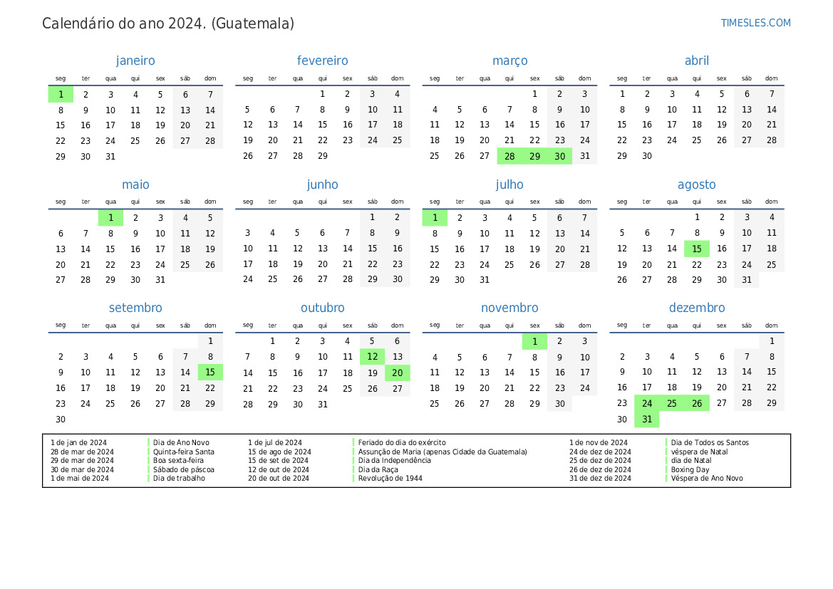 Calendário 2024 com feriados na guatemala Imprimir e baixar calendário
