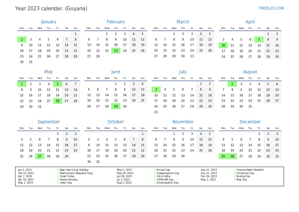 Calendar for 2023 with holidays in Guyana | Print and download calendar