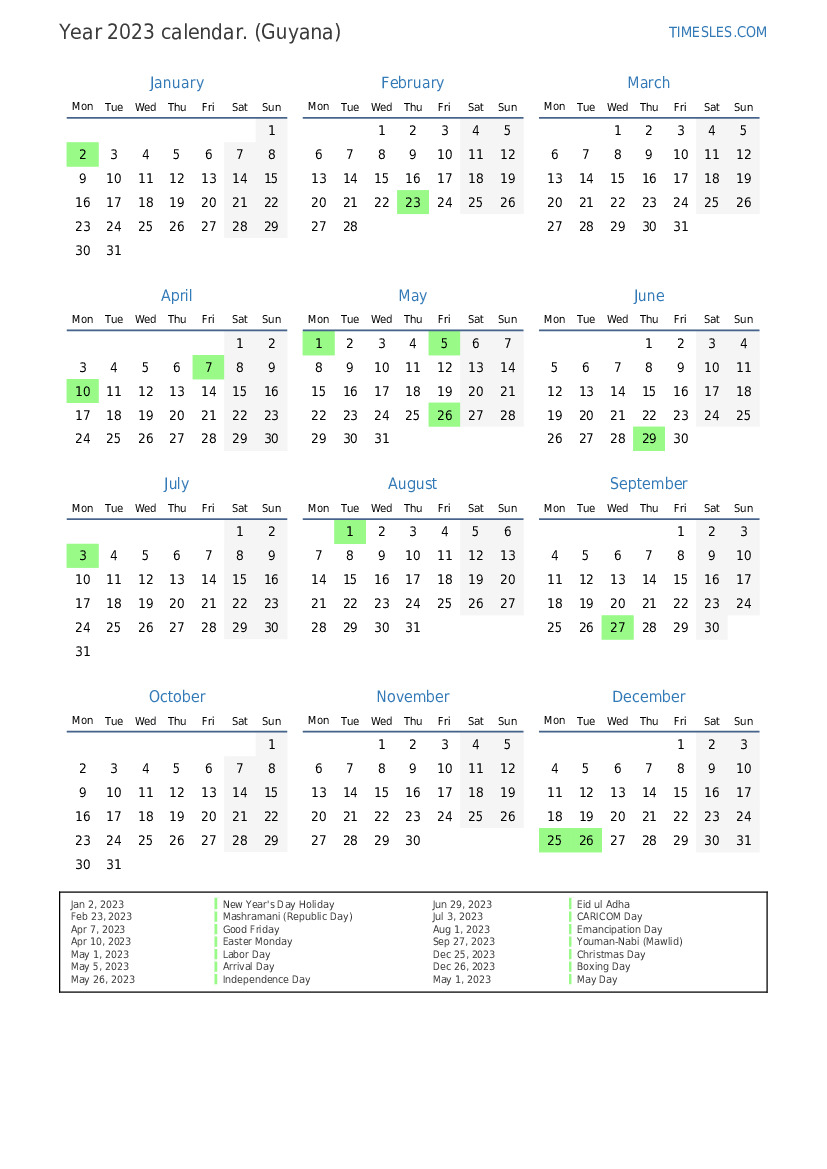 2024 Calendar With Holidays In Guyana Katha Maurene