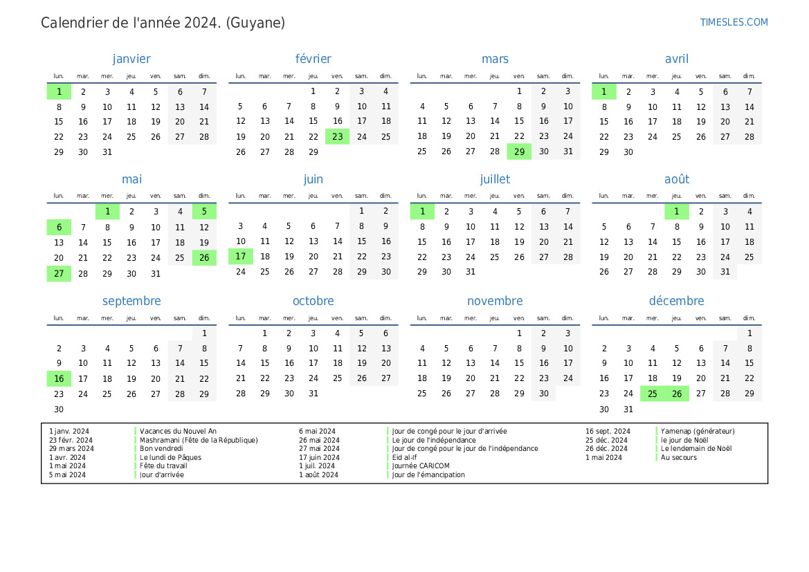Calendrier 2024 avec jours fériés en Guyane Imprimer et télécharger