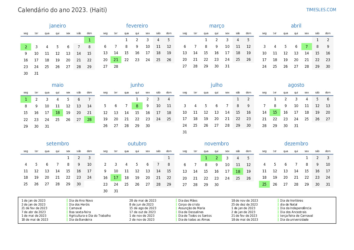 Calendário 2023 com feriados no haiti Imprimir e baixar calendário