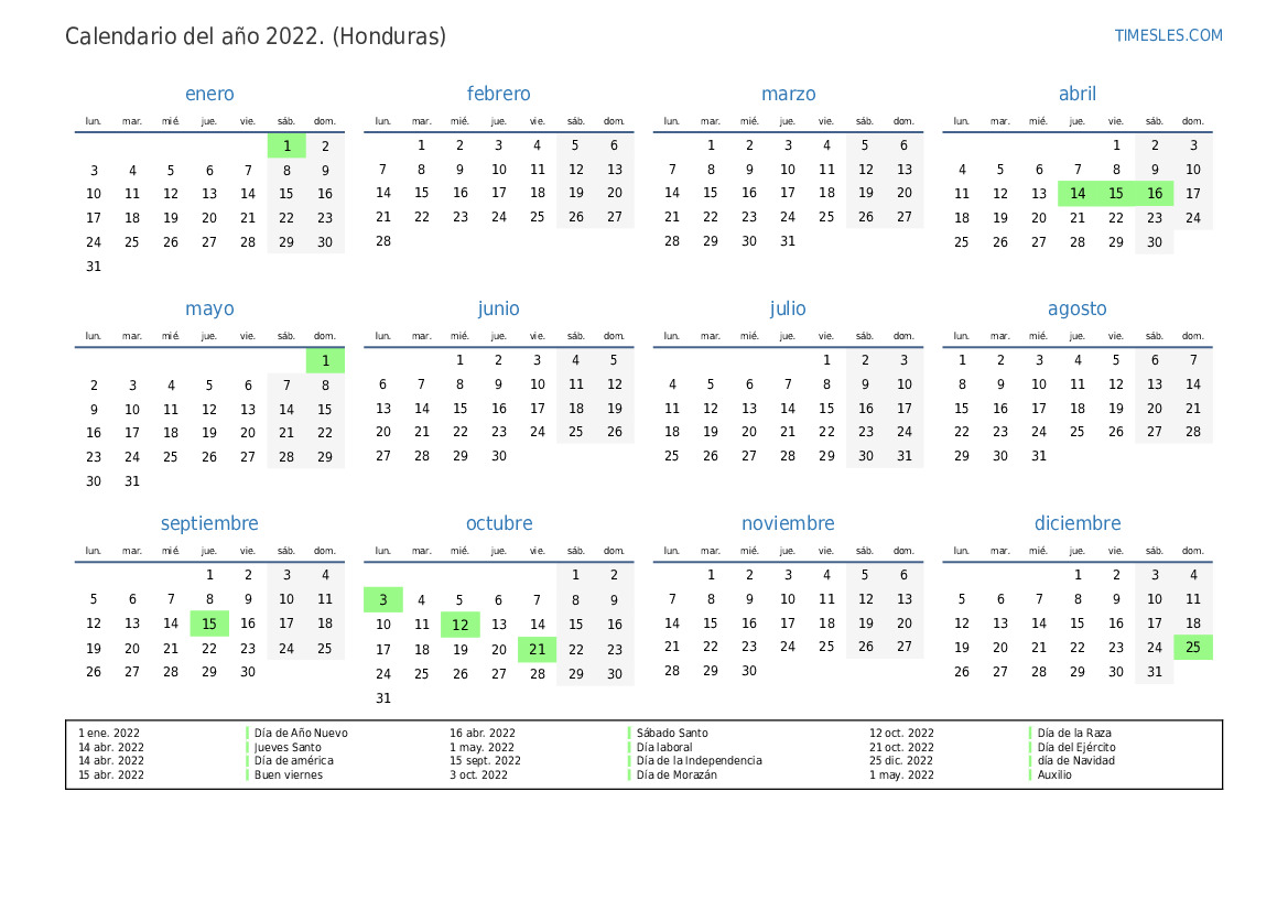 Calendario 2022 Con Días Festivos En Honduras Imprimir Y Descargar