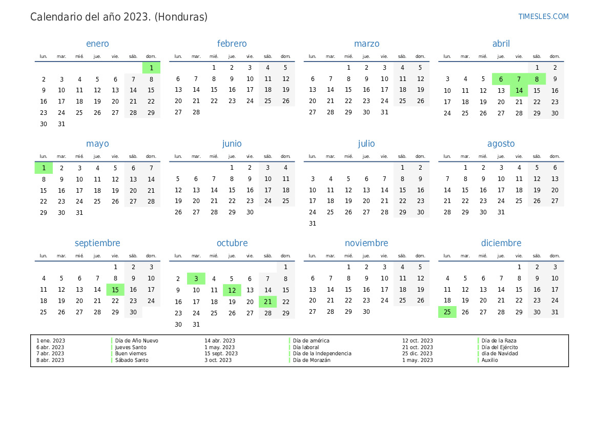 Calendario 2023 con días festivos en honduras Imprimir y descargar
