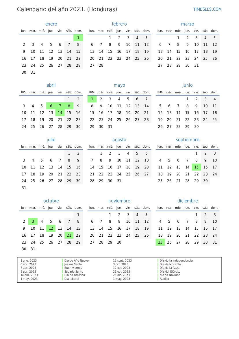 Calendario 2023 Honduras