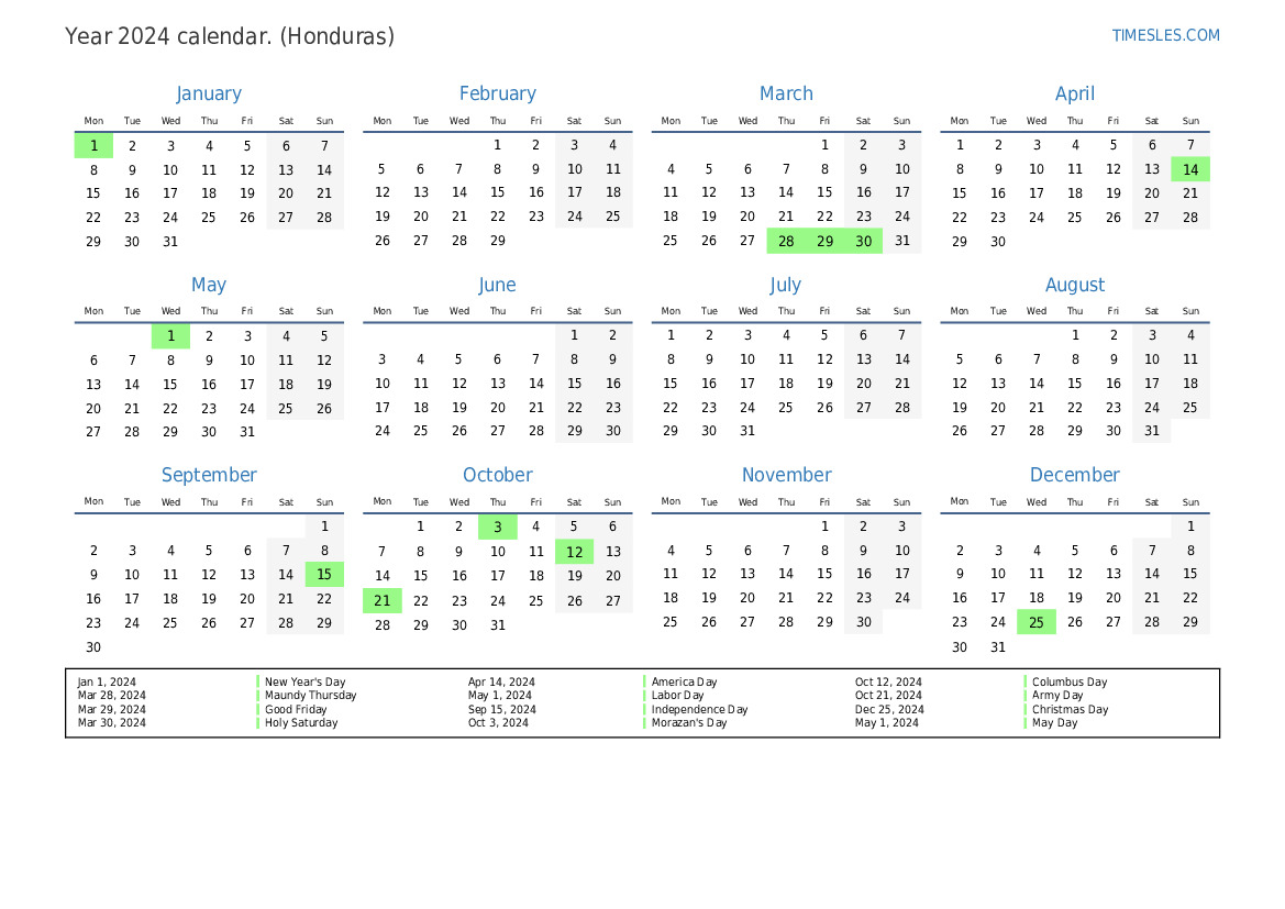 Calendar for 2024 with holidays in Honduras Print and download calendar