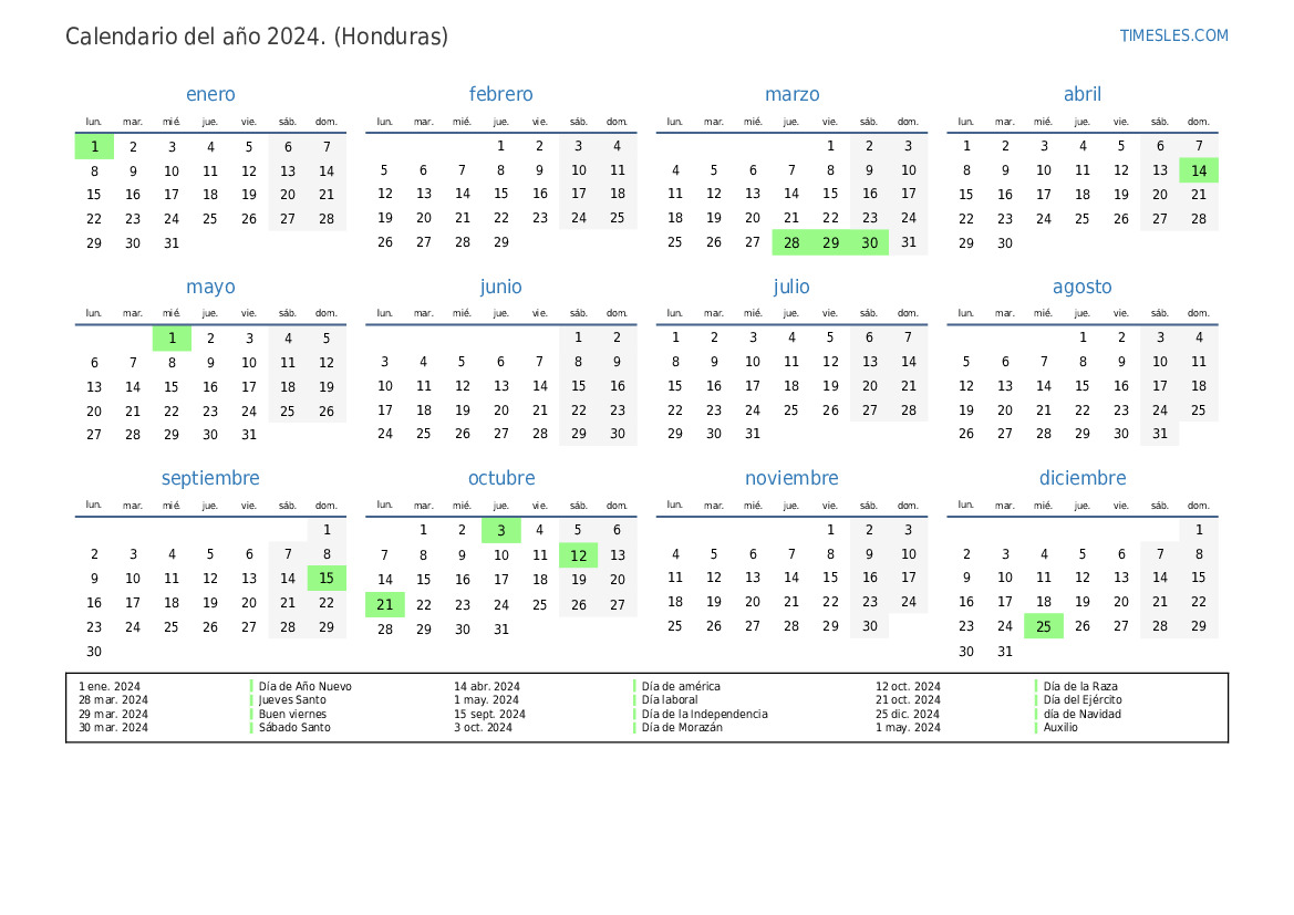 Calendario 2024 con días festivos en honduras Imprimir y descargar