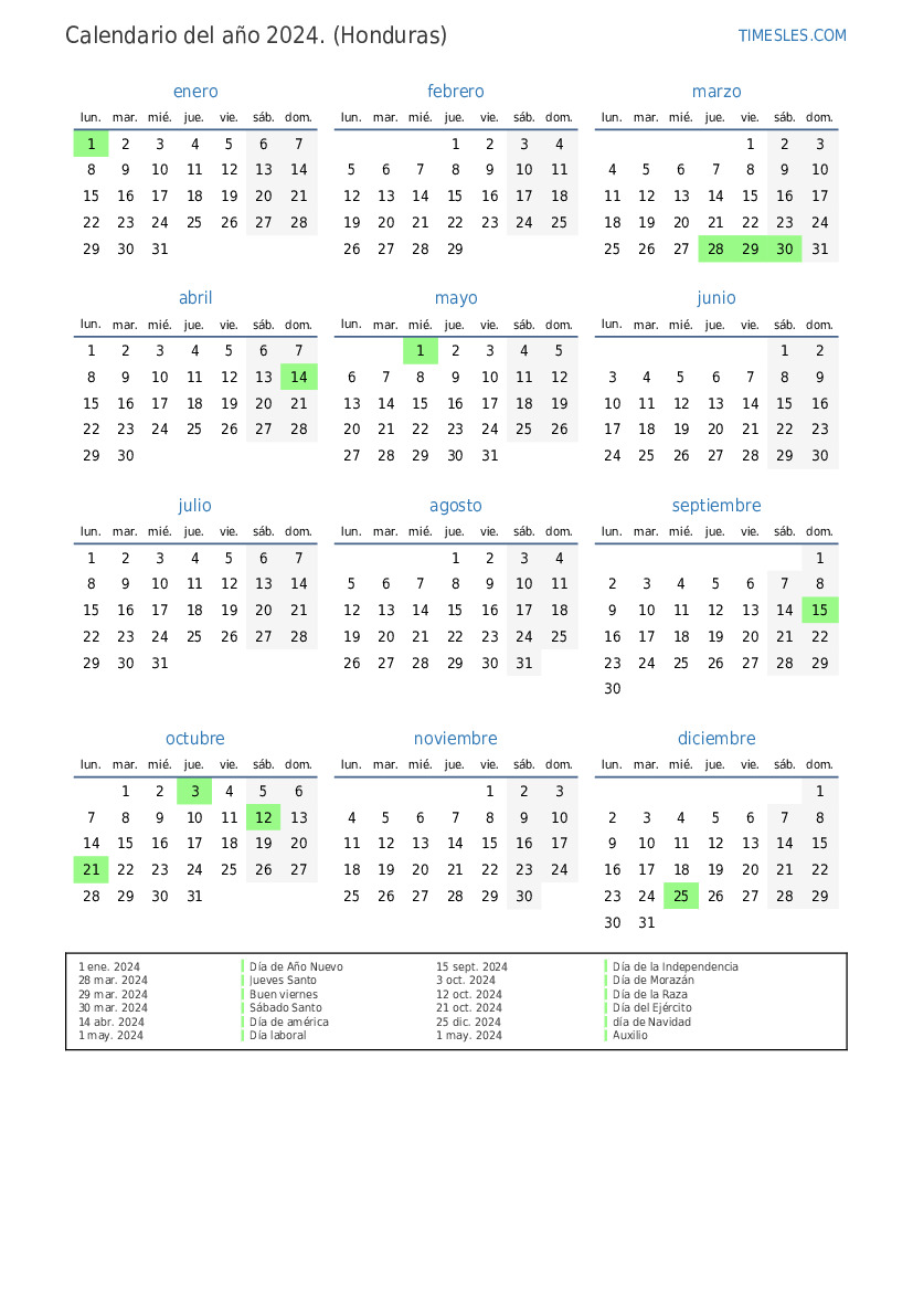 Calendario 2024 con días festivos en honduras Imprimir y descargar