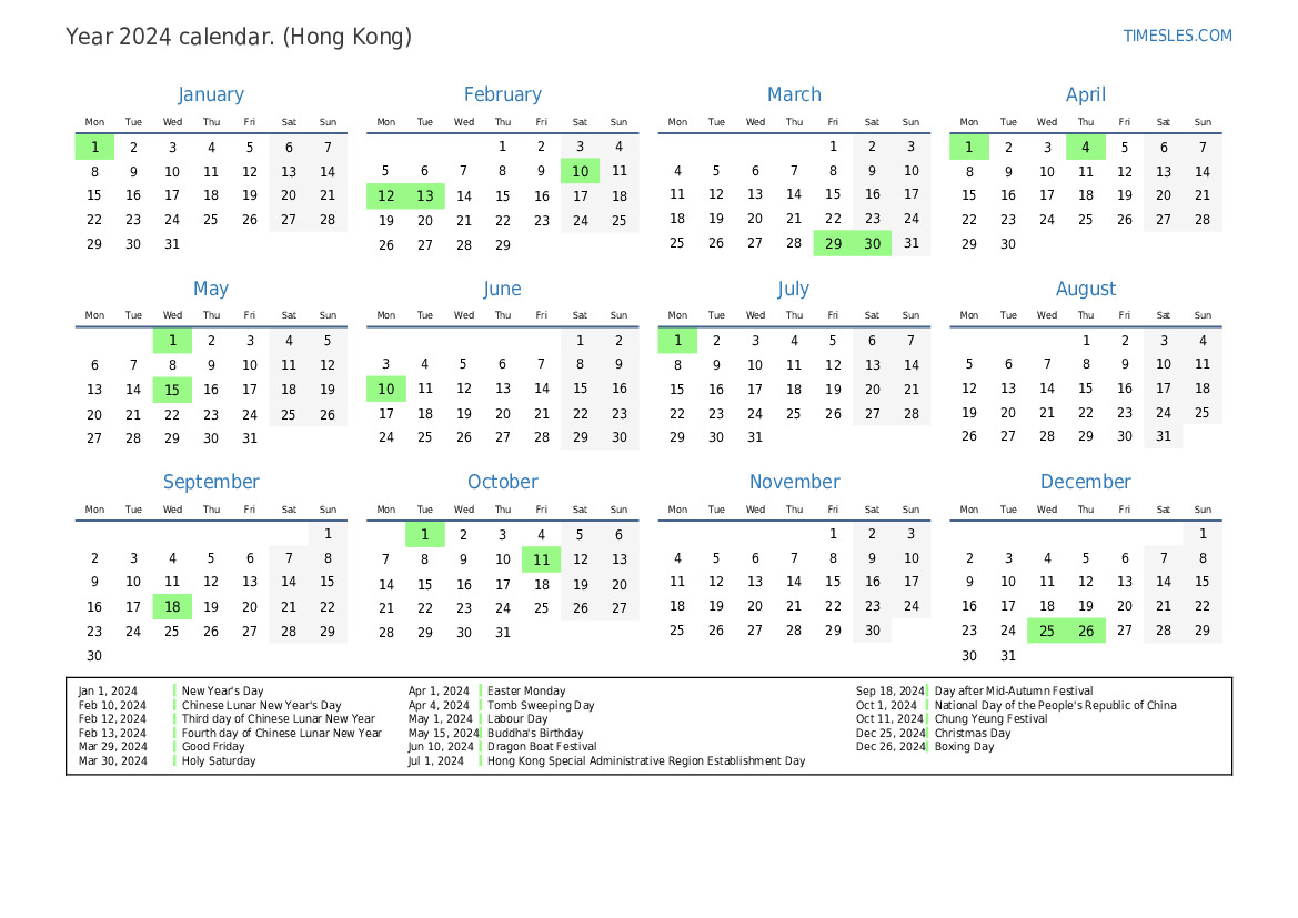 Calendar for 2024 with holidays in Hong Kong Print and download calendar