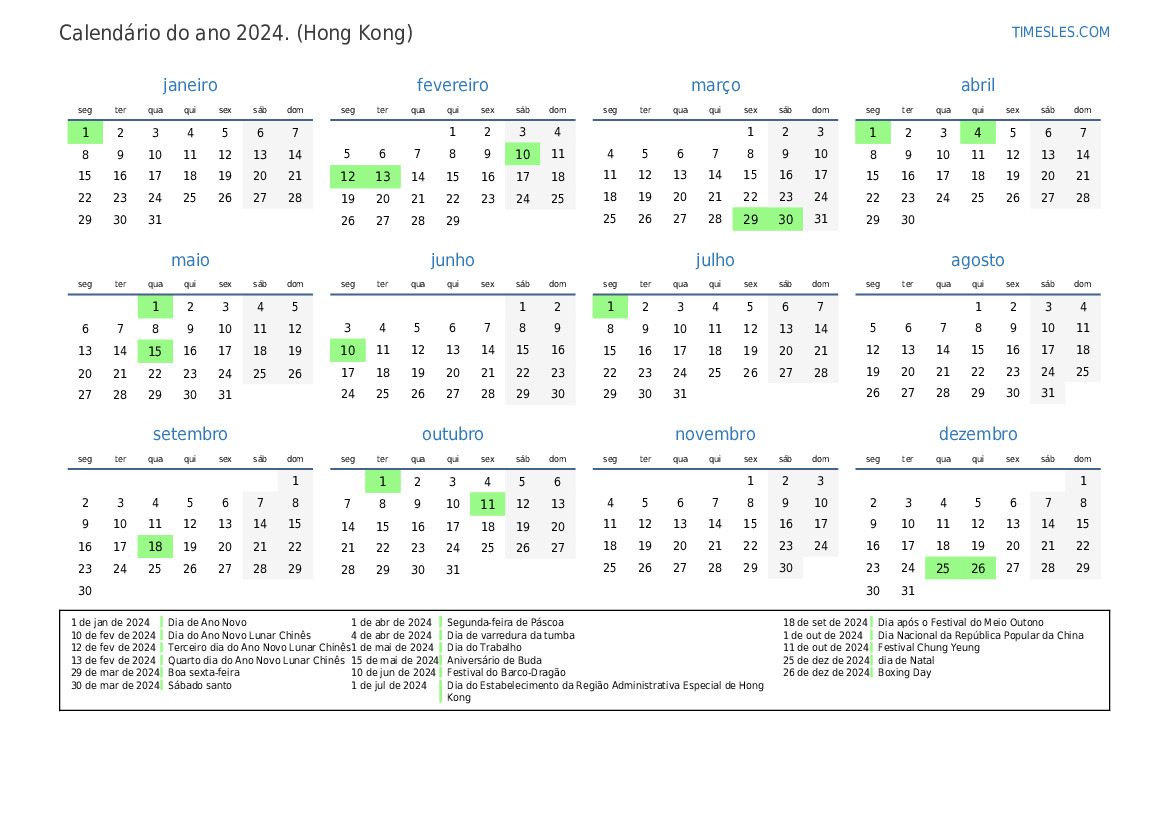 Calendário 2024 com feriados em Hong Kong Imprimir e baixar calendário