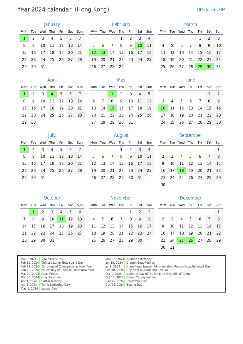 Calendar for 2024 with holidays in Hong Kong Print and download calendar