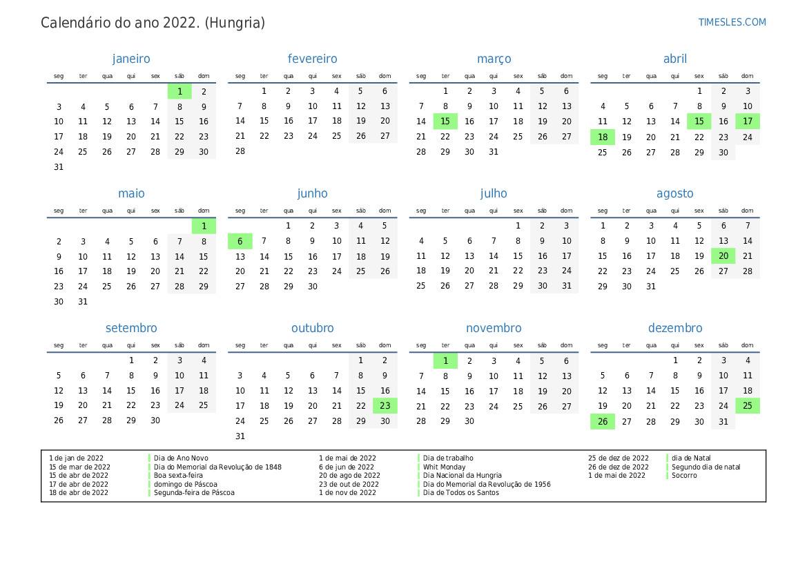 Calendário 2022 com feriados na Hungria Imprimir e baixar calendário