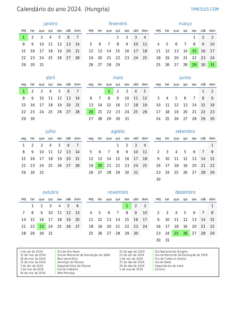 Calendário 2024 com feriados na Hungria Imprimir e baixar calendário