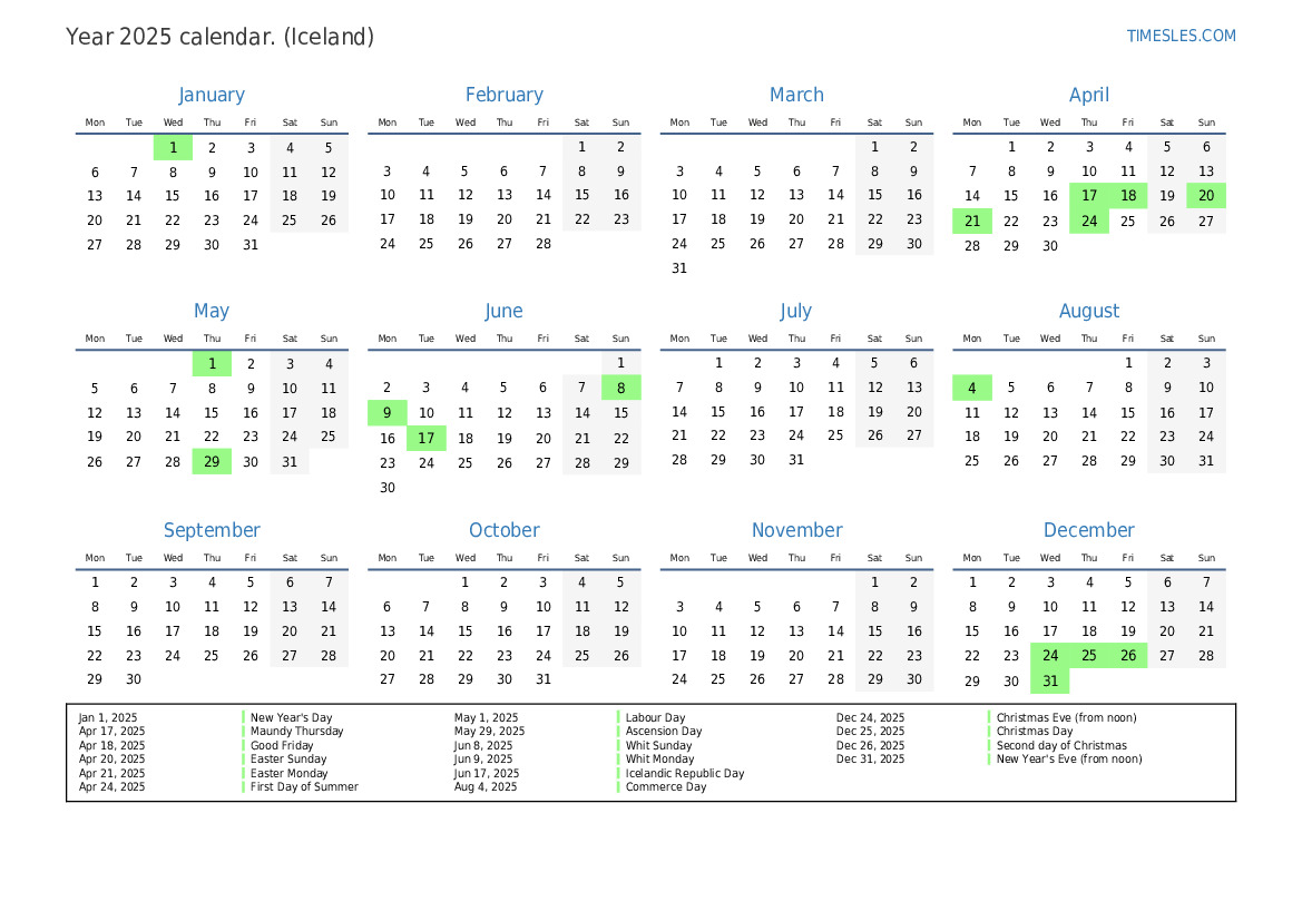 Calendar for 2025 with holidays in Iceland Print and download calendar