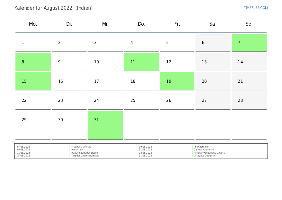 Kalender August 2022 mit Feiertagen in Indien  Kalender drucken und 