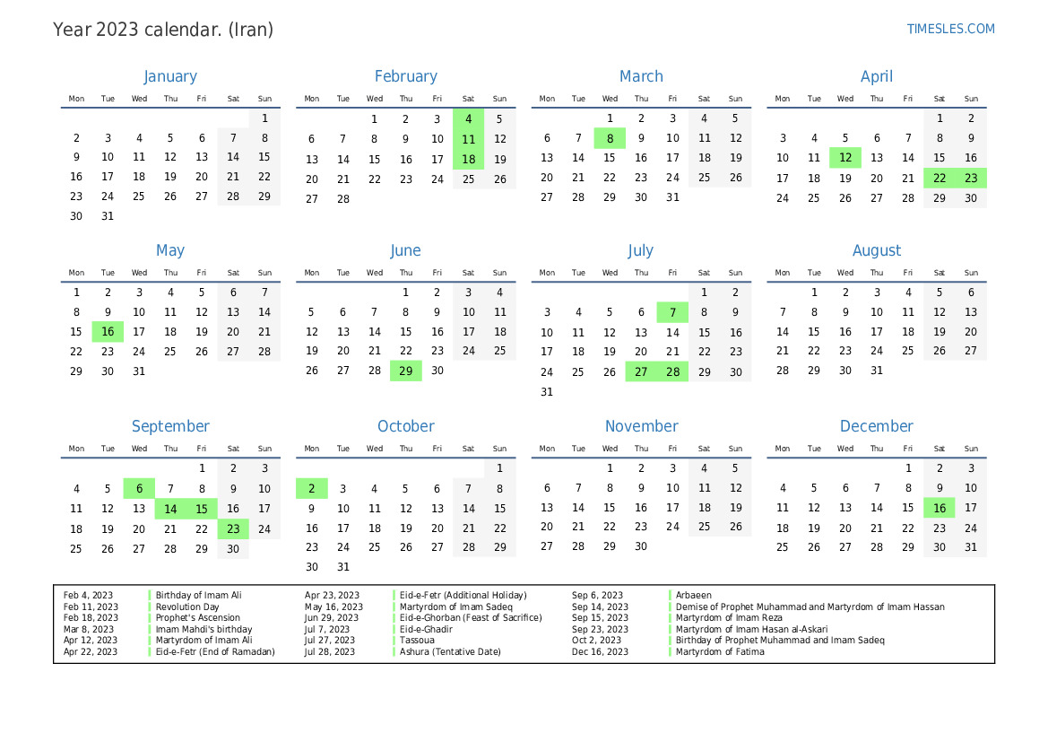 Calendar for 2023 with holidays in Iran Print and download calendar