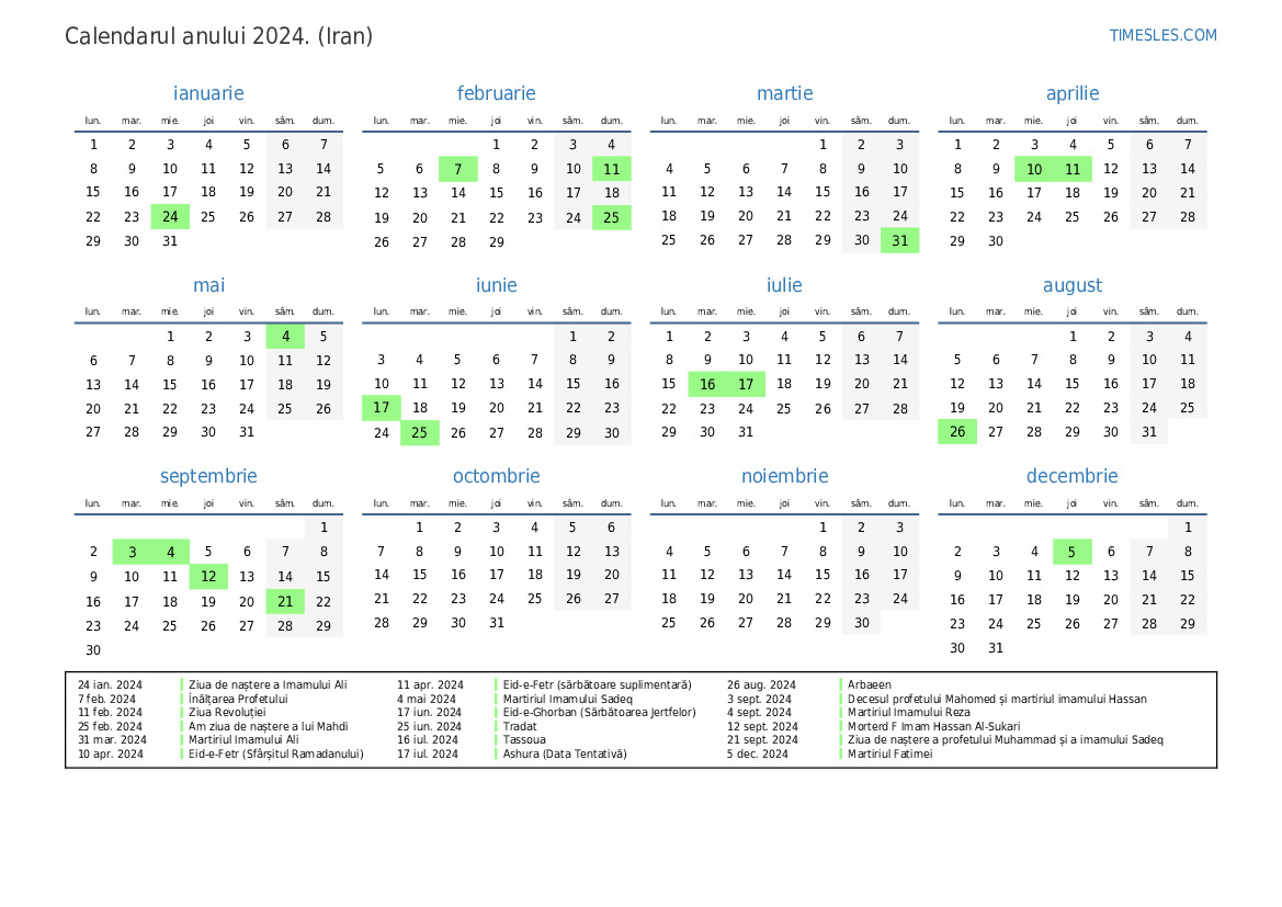 Calendar pentru anul 2024 cu sărbători în Iran Imprimați și