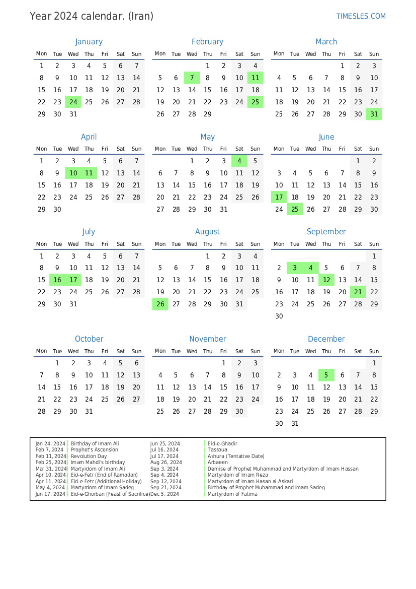 Calendar for 2024 with holidays in Iran Print and download calendar