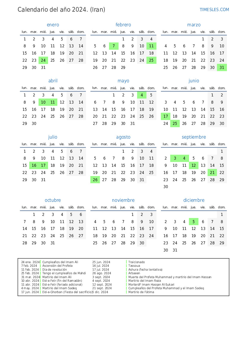 Calendario 2024 con días festivos en Iran Imprimir y descargar calendario