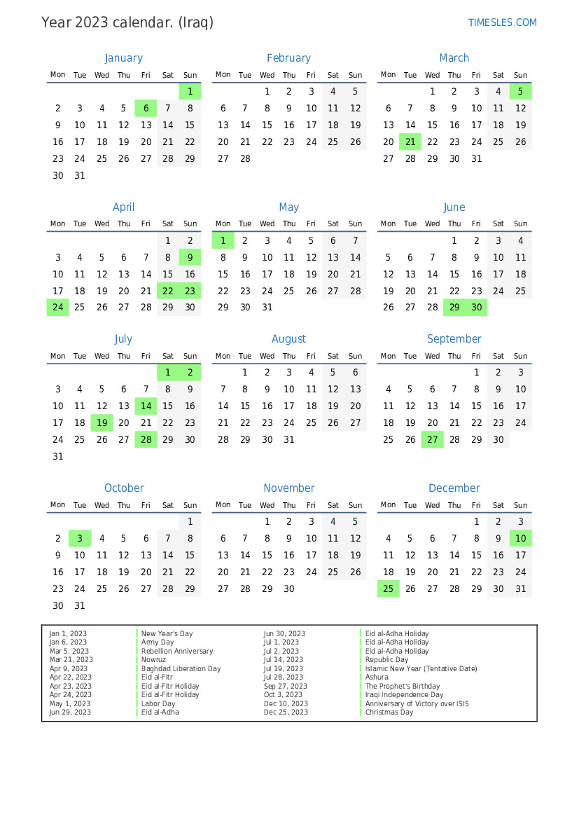 Calendar for 2023 with holidays in Iraq Print and download calendar
