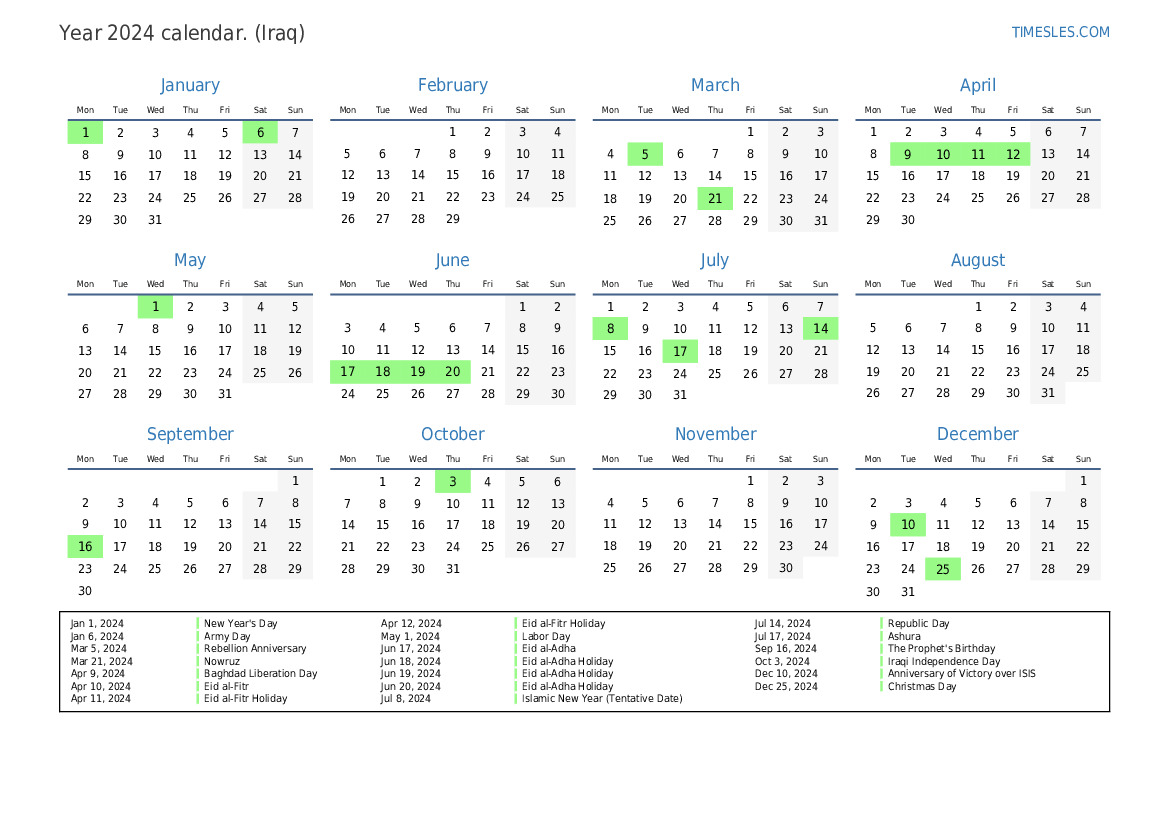 Calendar for 2024 with holidays in Iraq Print and download calendar