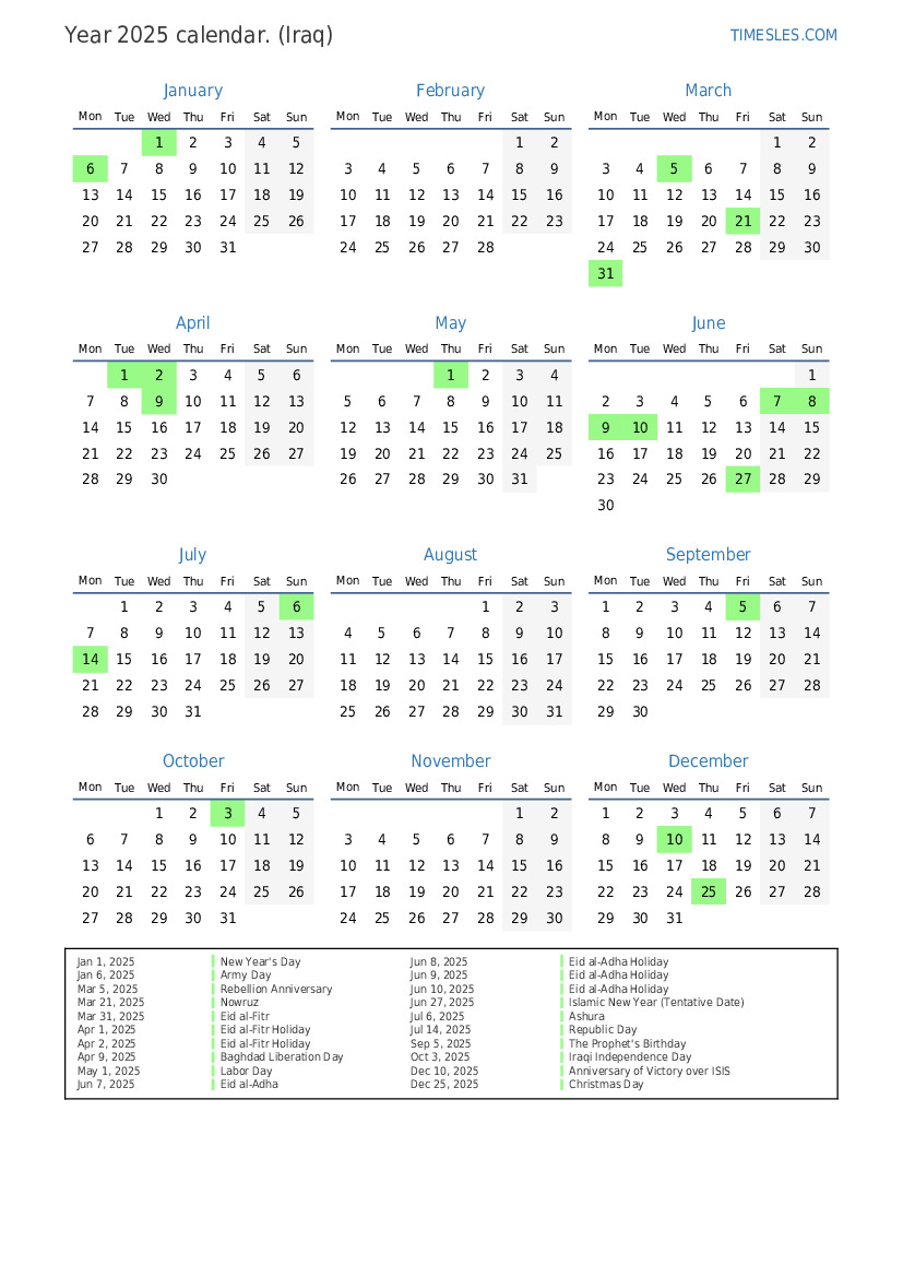 Calendar for 2025 with holidays in Iraq | Print and download calendar