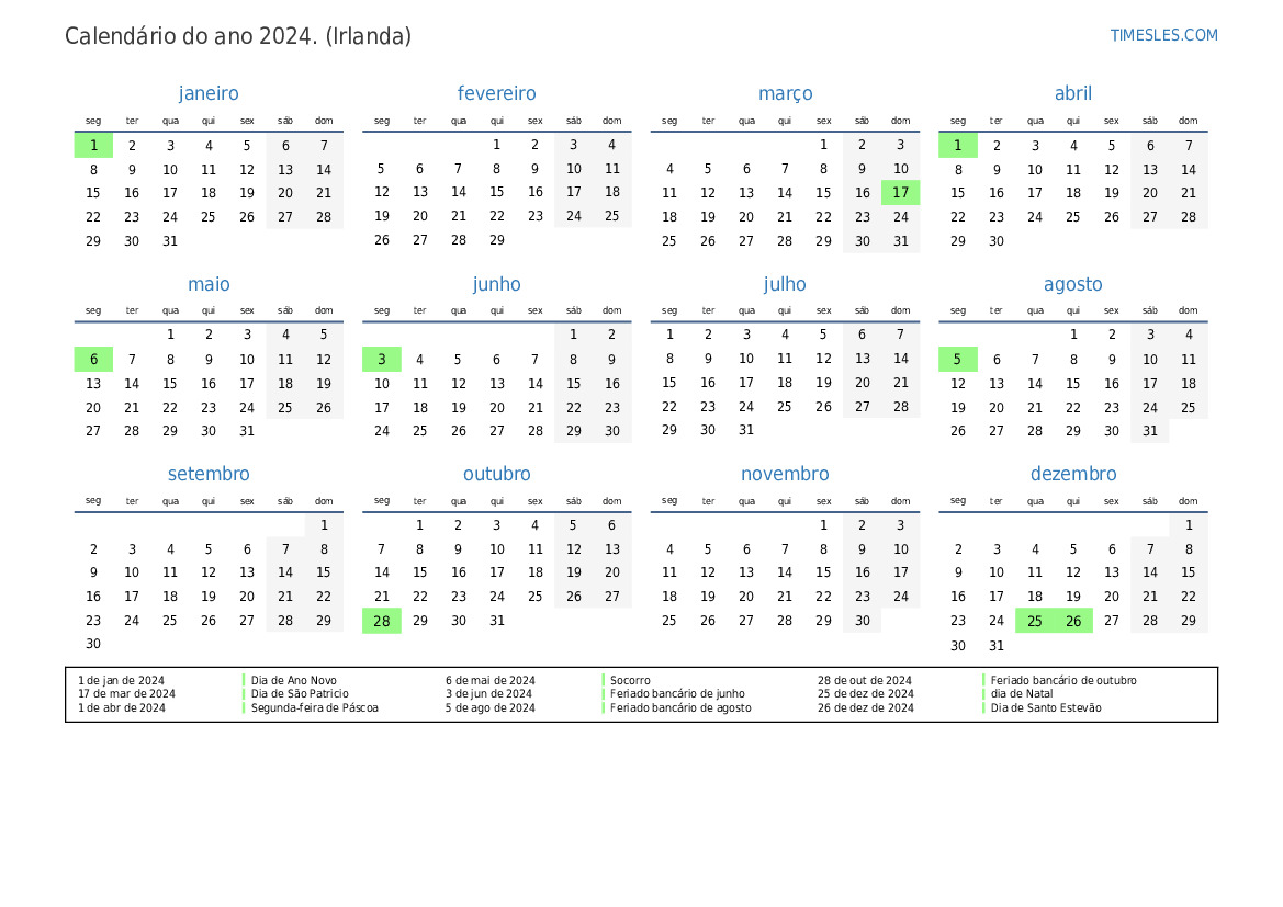 Calendário 2024 com feriados na Irlanda Imprimir e baixar calendário