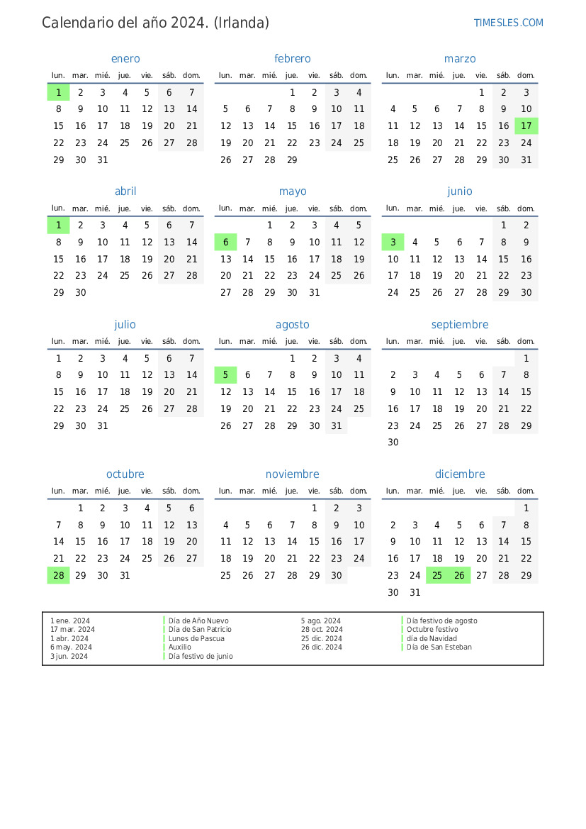 Calendario 2024 con días festivos En Irlanda Imprimir y descargar