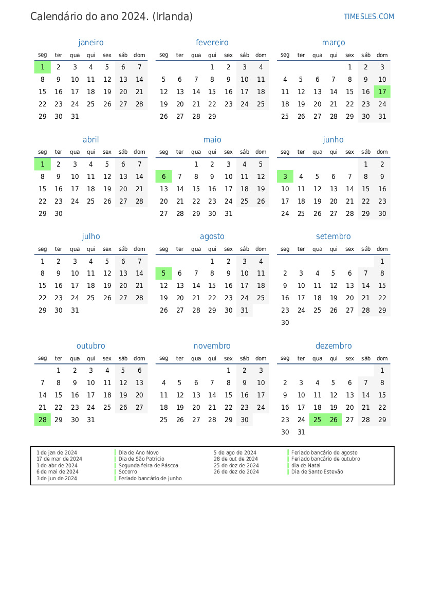 Calendário 2024 com feriados na Irlanda Imprimir e baixar calendário