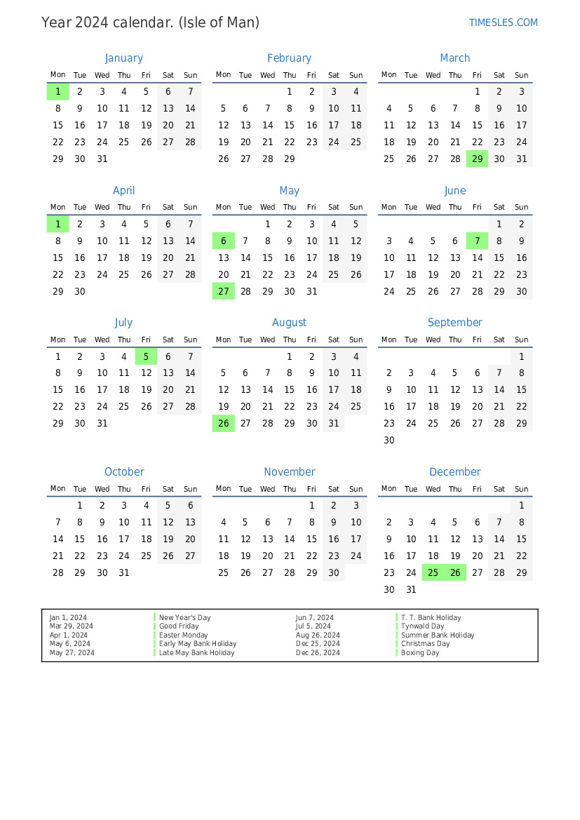 Calendar for 2024 with holidays in Isle of Man Print and download