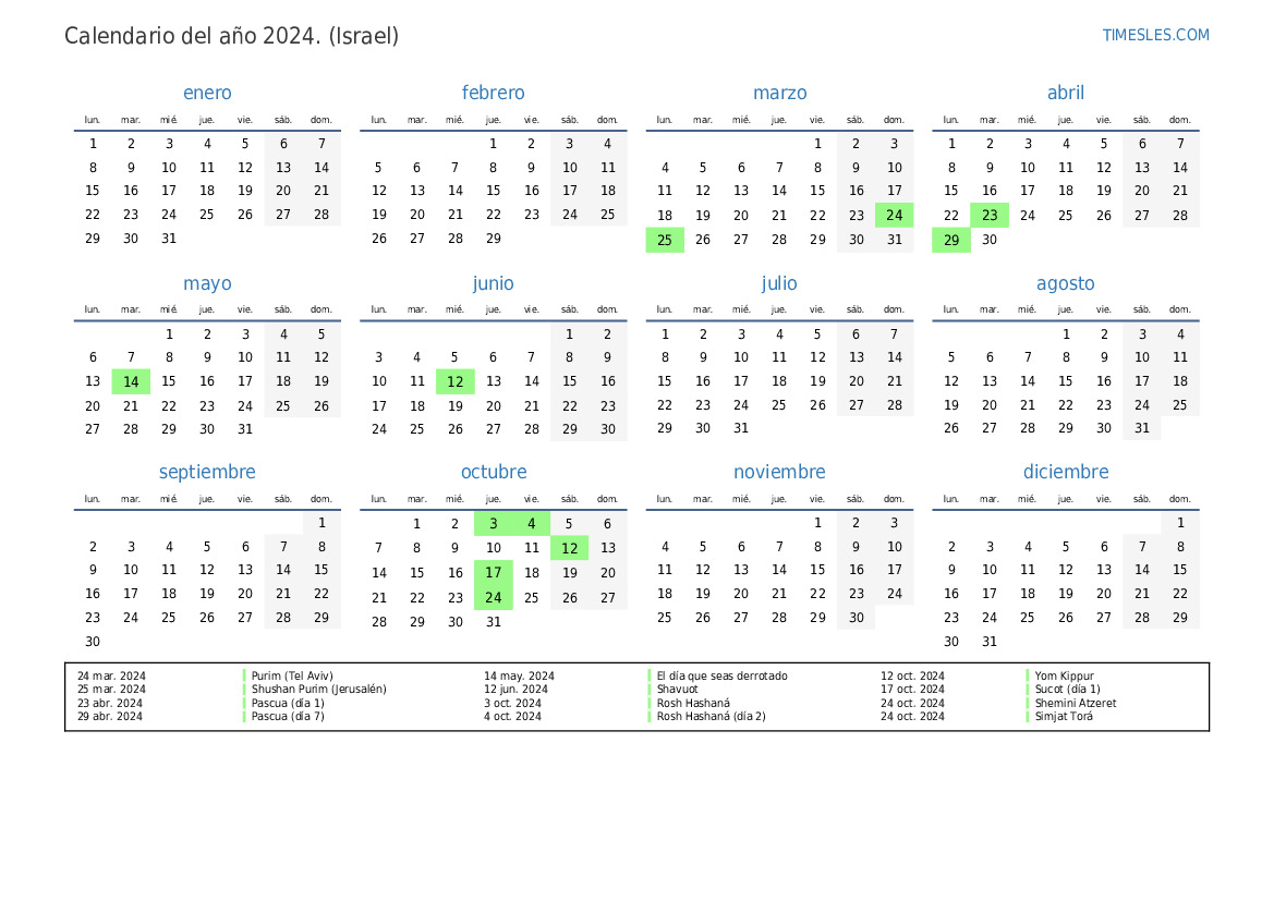 Calendario 2024 con días festivos En Israel Imprimir y descargar