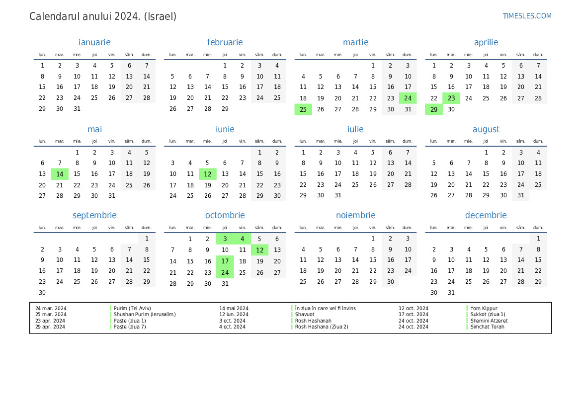 Calendar pentru anul 2024 cu sărbători în Israel Imprimați și
