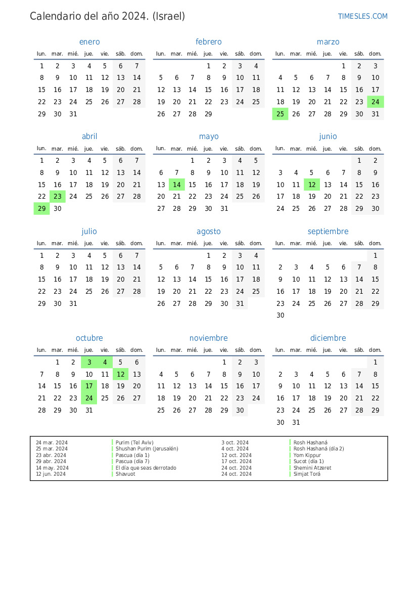 Calendario 2024 con días festivos En Israel Imprimir y descargar