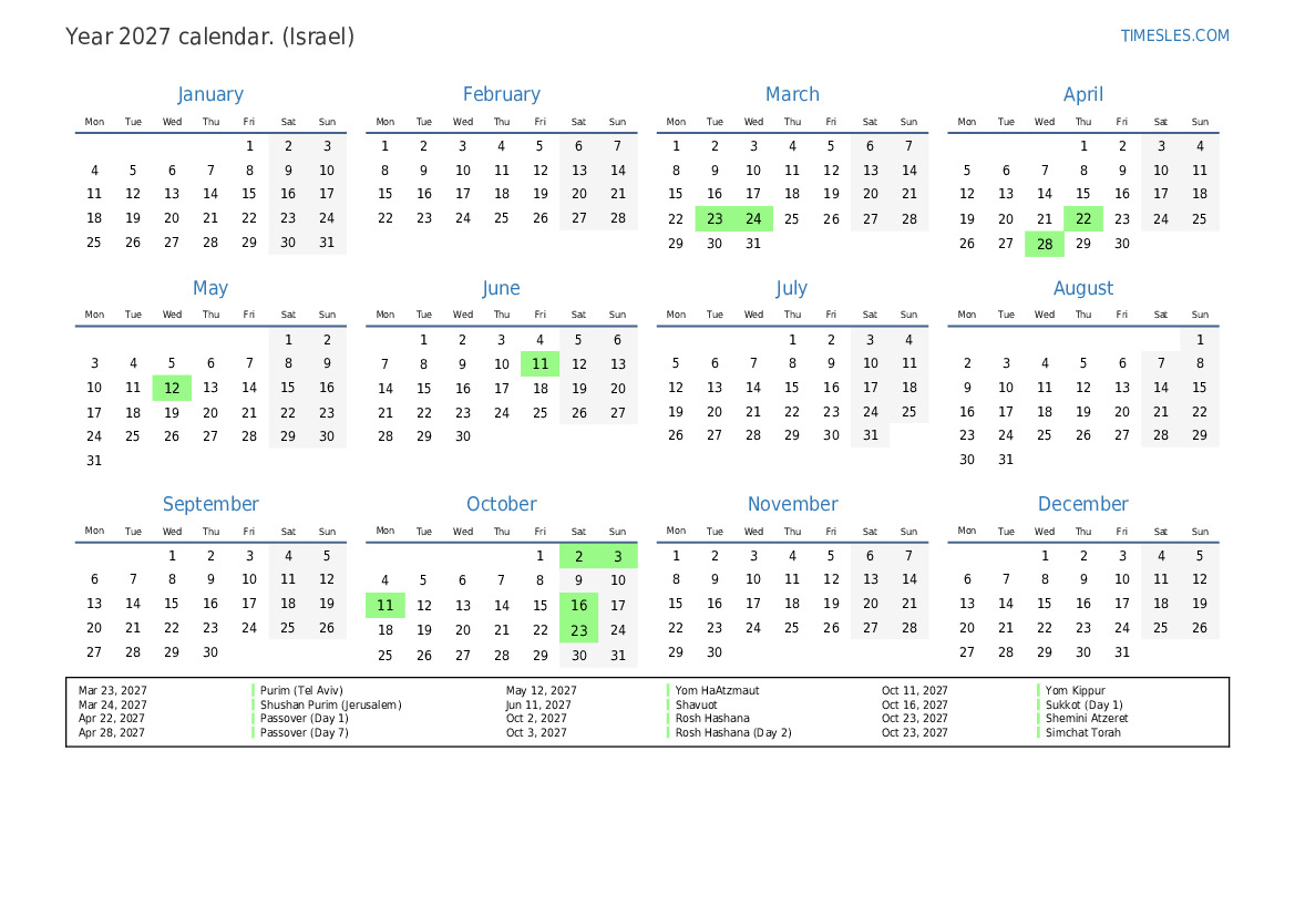 Calendar for 2027 with holidays in Israel | Print and download calendar